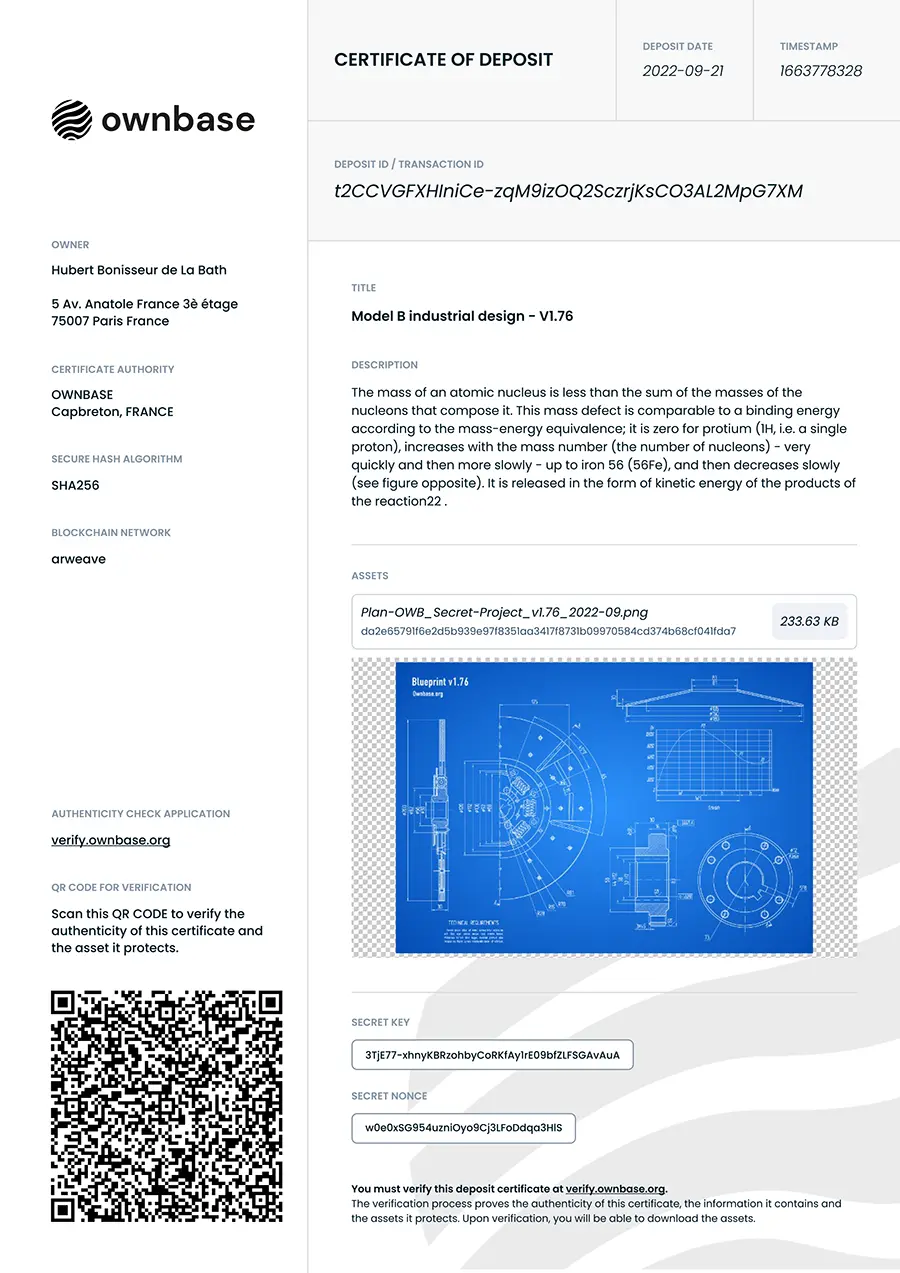 Ownbase certificate illustration showing immutable proof deposit on blockchain